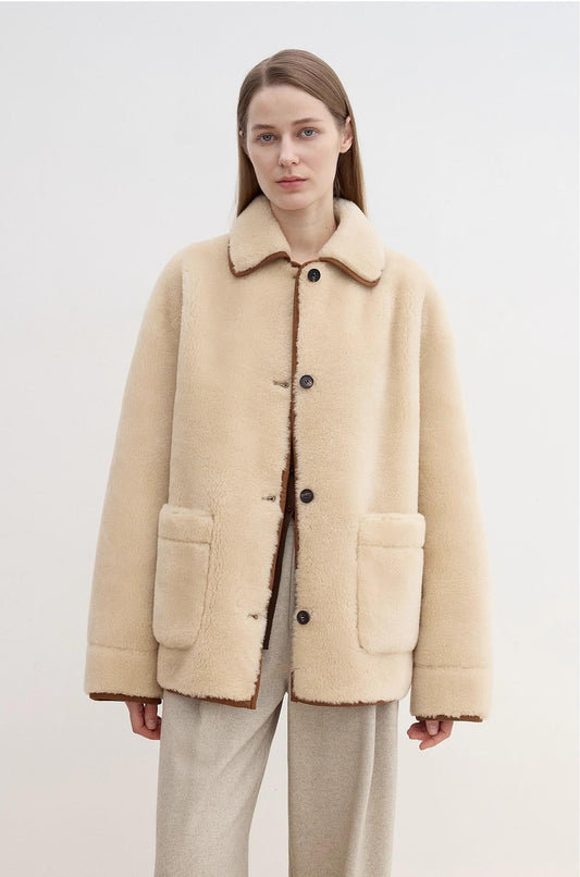 "Winter Concerto" Lapel Wool Artificial Compound Suede Vintage Contrast Colored Shearling Coat