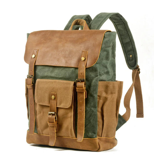 Canvas Stitching Horse Leather Backpack Oil Wax Waterproof Computer Schoolbag
