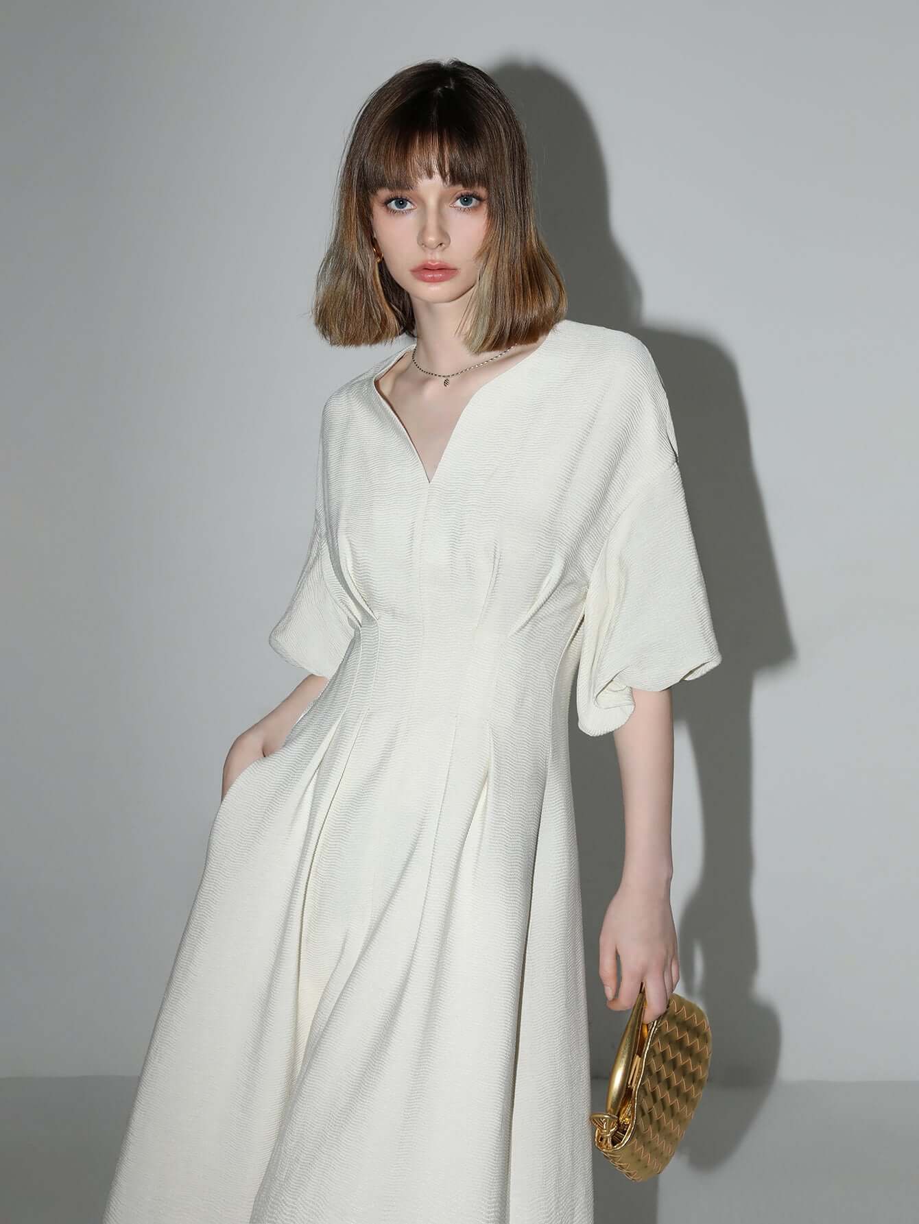 Elegant Textured Pleated French Tea Dress-4