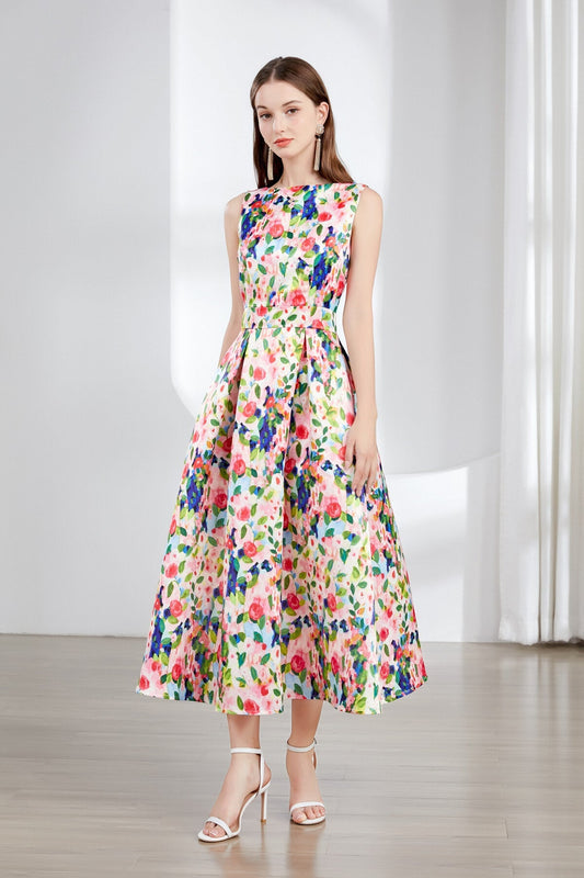 Floral Sleeveless Boatneck Flared A Line Midi Dress-1