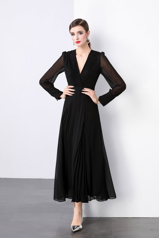 Midnight Black Long Sleeve Ruched Waist V Neck Maxi Dress-1