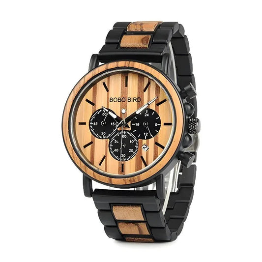 Multifunctional 10M Waterproof Men's Wooden Watch With Three Subdials