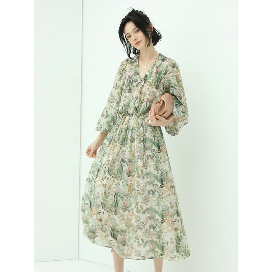 Romantic Floral Long Sleeved Floral Green Midi Dress-1