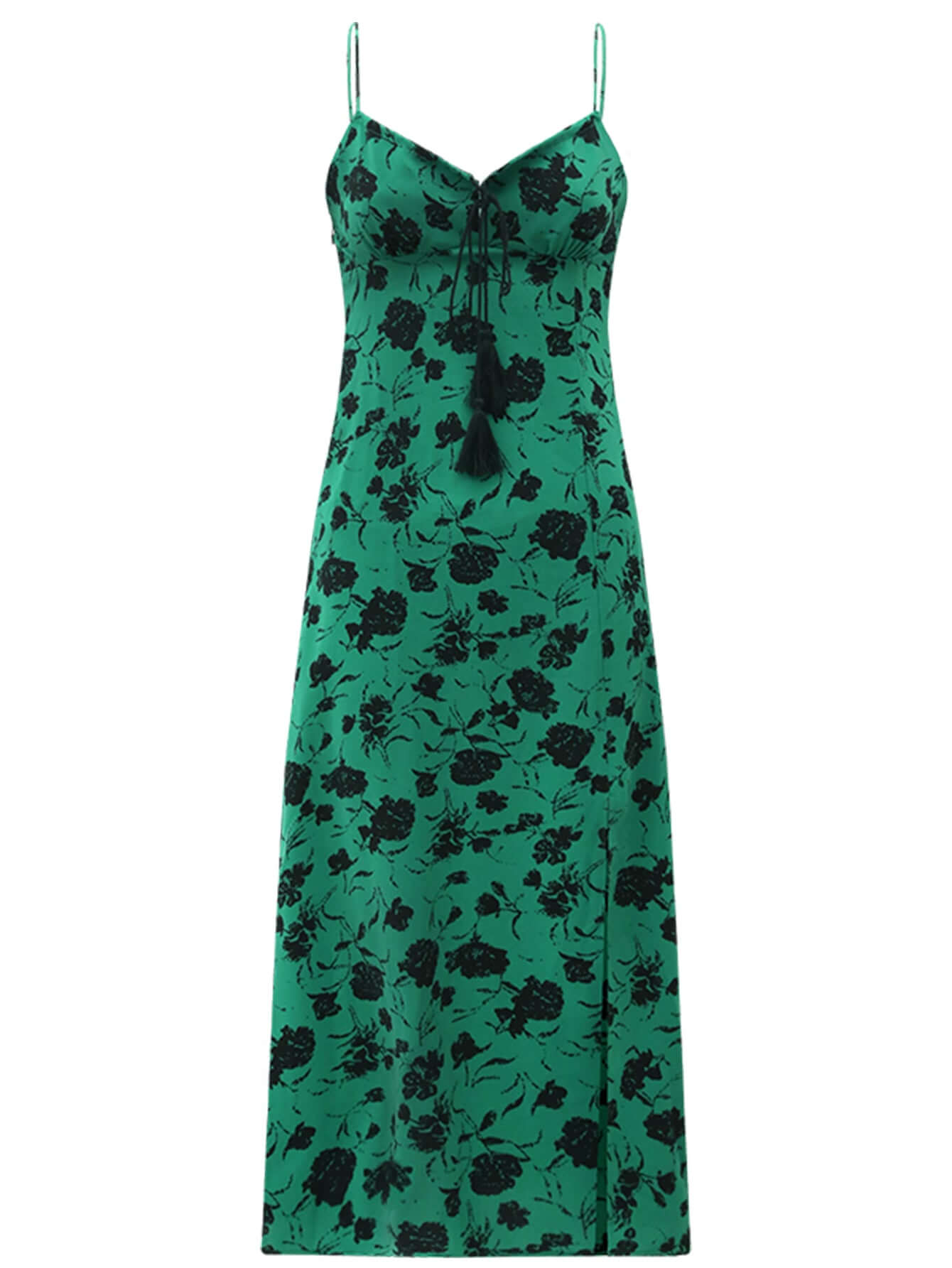 Spaghetti Strap Floral Green Maxi Dress with Side Slit-3