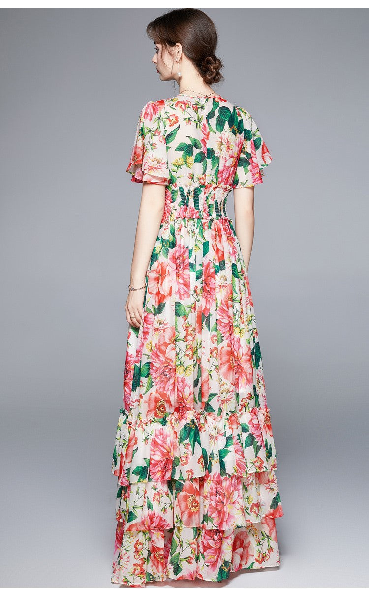 Stretchy Floral V Neck Ruffled Waist Maxi Dress-3