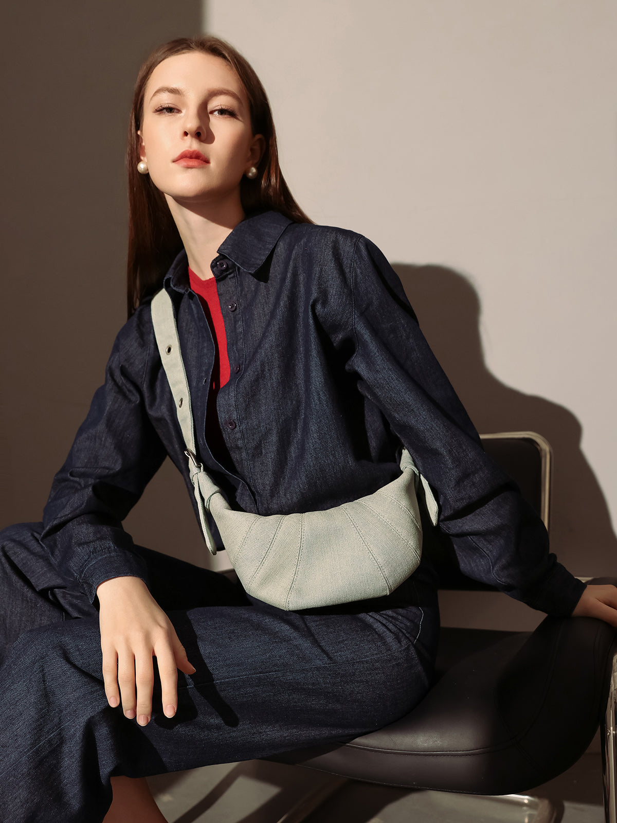 Understated Denim Croissant Mini Shoulder Bag-5