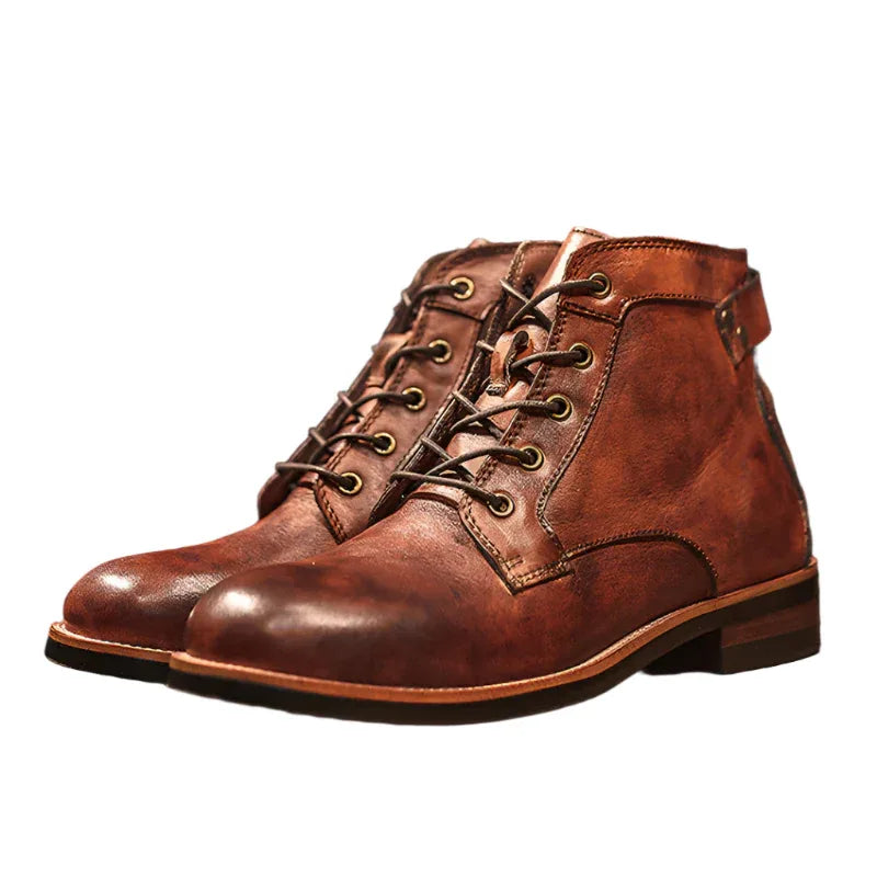 Retro Boots Men Lace-up Leather Ankle Boots Low Heel Motorcycle Shoes