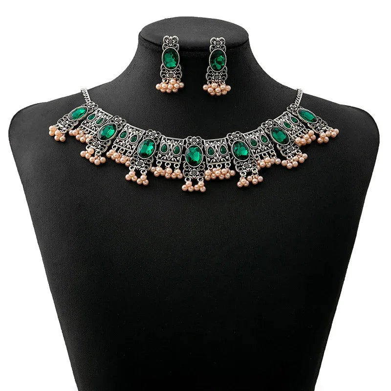 Vintage Emerald Earrings & Necklace Ethnic Style Square Tassel Bead Jewelry Set