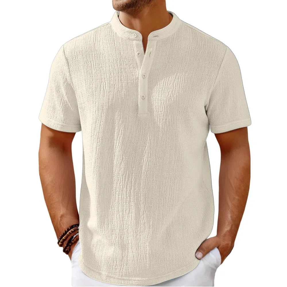 Men's Retro Cotton And Linen Striped Casual Loose Henley Shirt