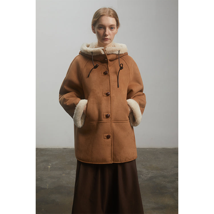 Fireladyfur "Danish Winter" Shearling Coat | Short & Hooded Suede Style"Danish Winter"