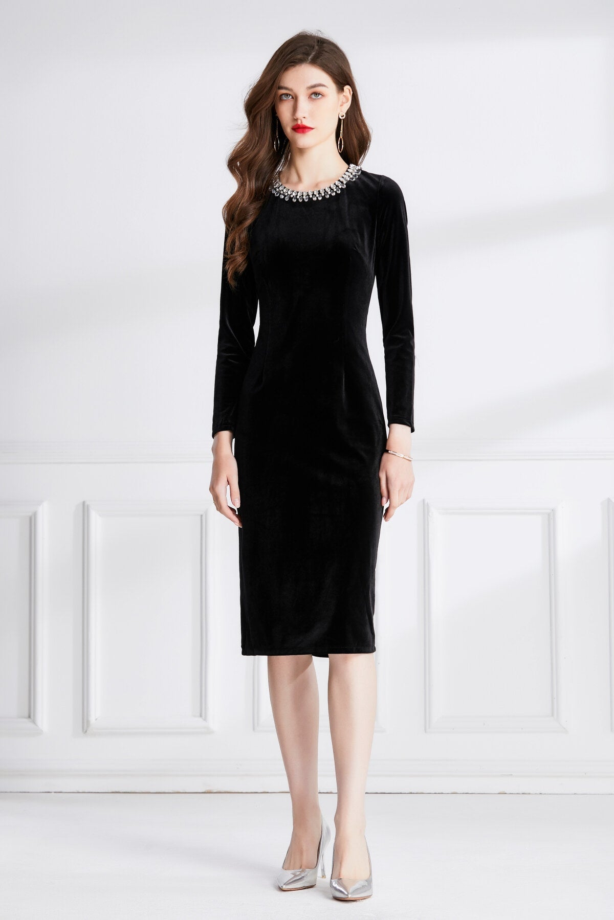 Beaded Vintage High Waist Slit Black Velvet Maxi Dress-0