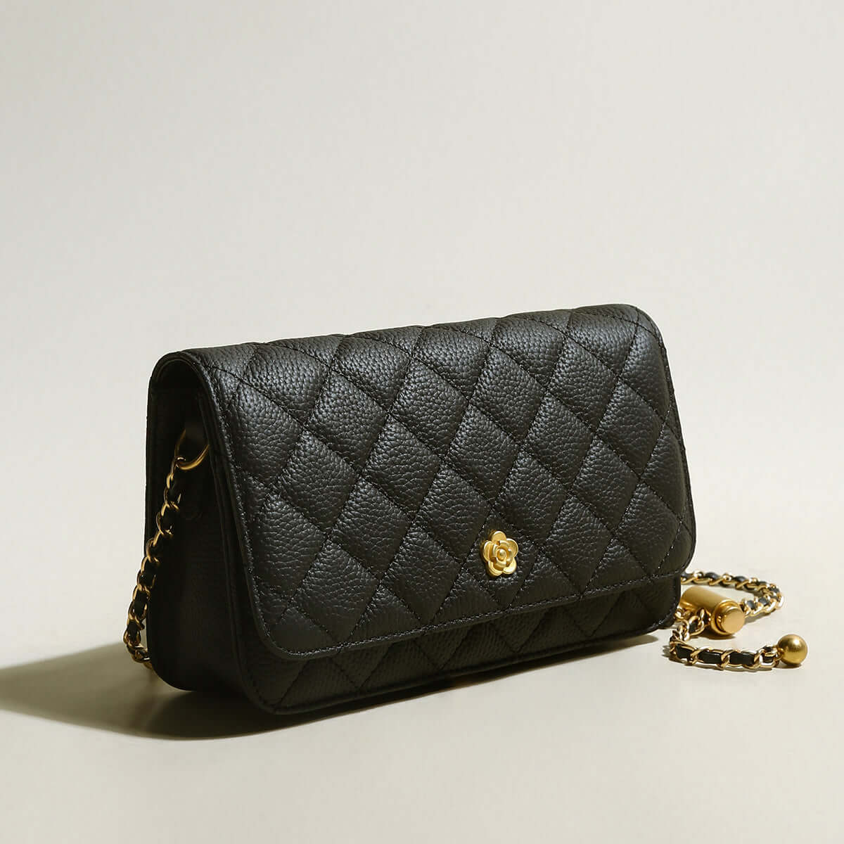 Black Quilted Bag with Golden Cylinder Chain Straps-1