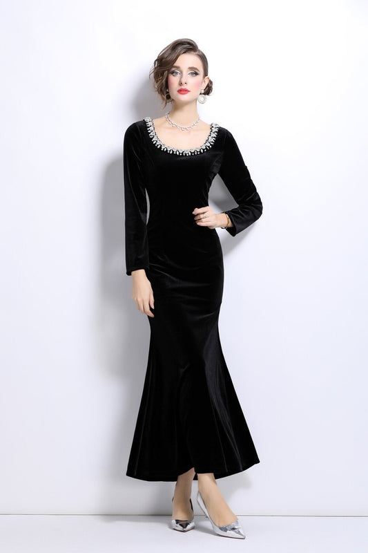 Black Velvet Vintage Fishtail Dress-0