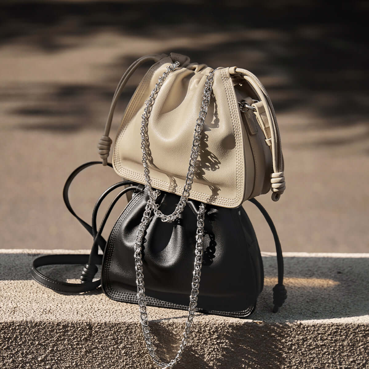 Chain Strap Drawstring Leather Bucket Bag-1