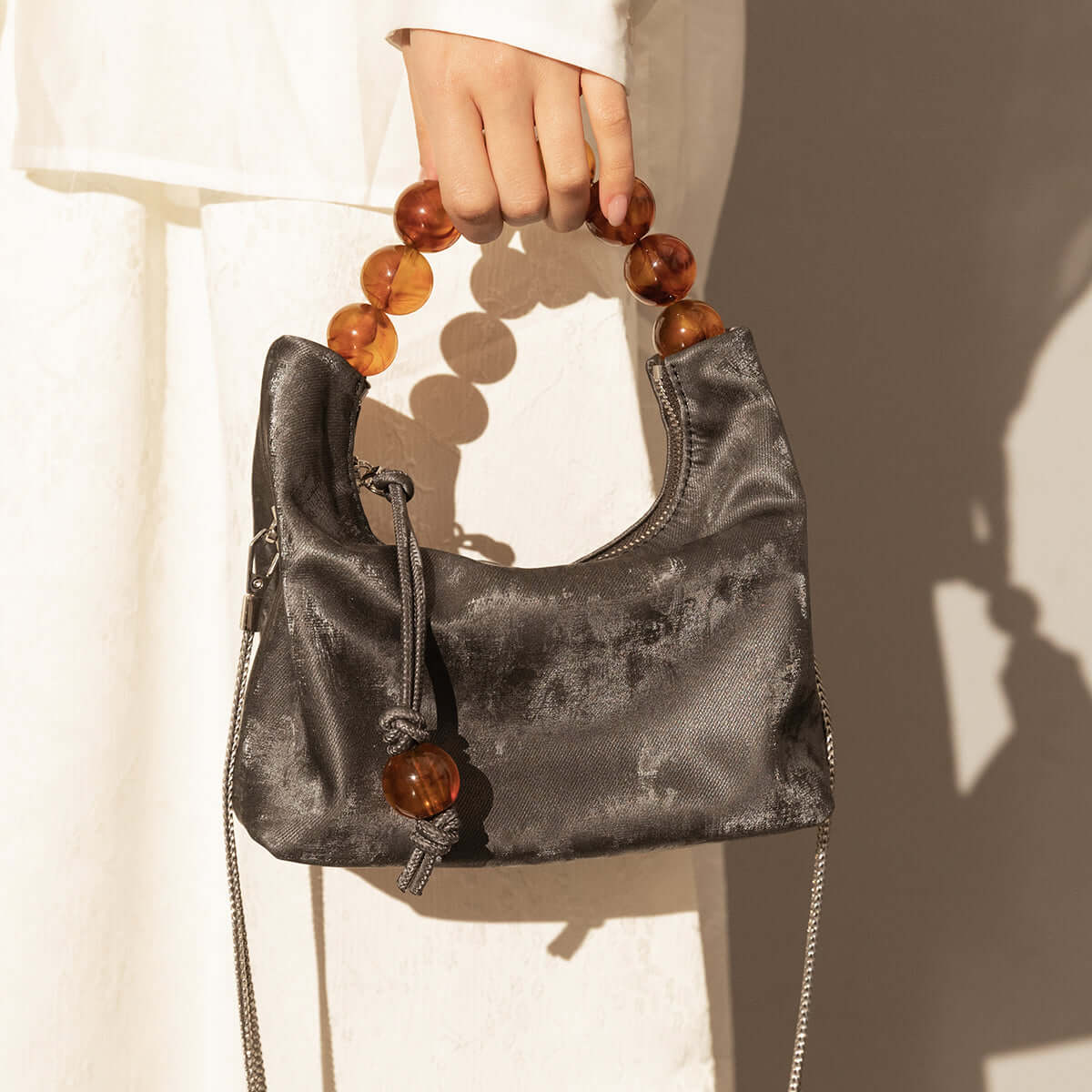 Charming Beaded Handle Leather Bag-1