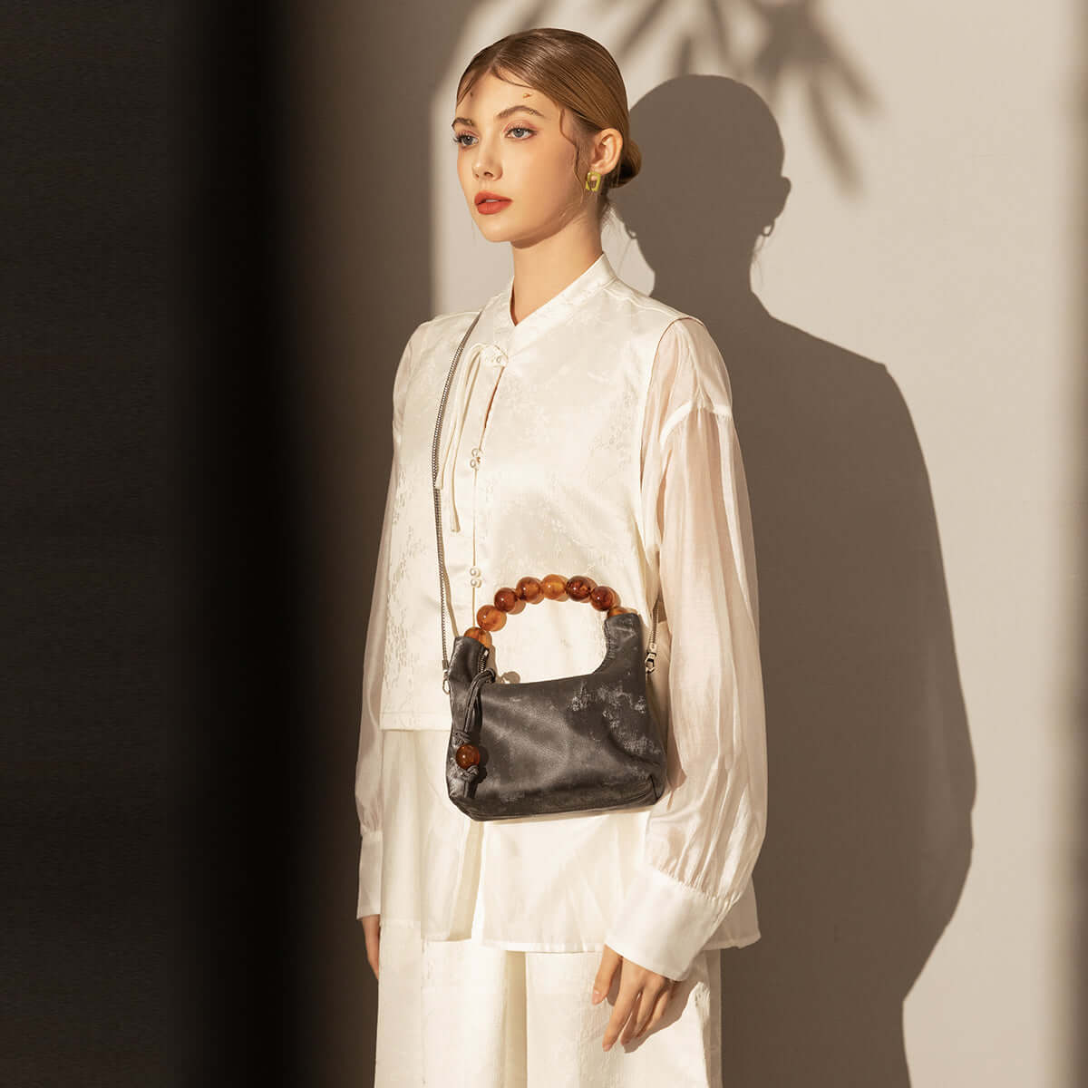 Charming Beaded Handle Leather Bag-3