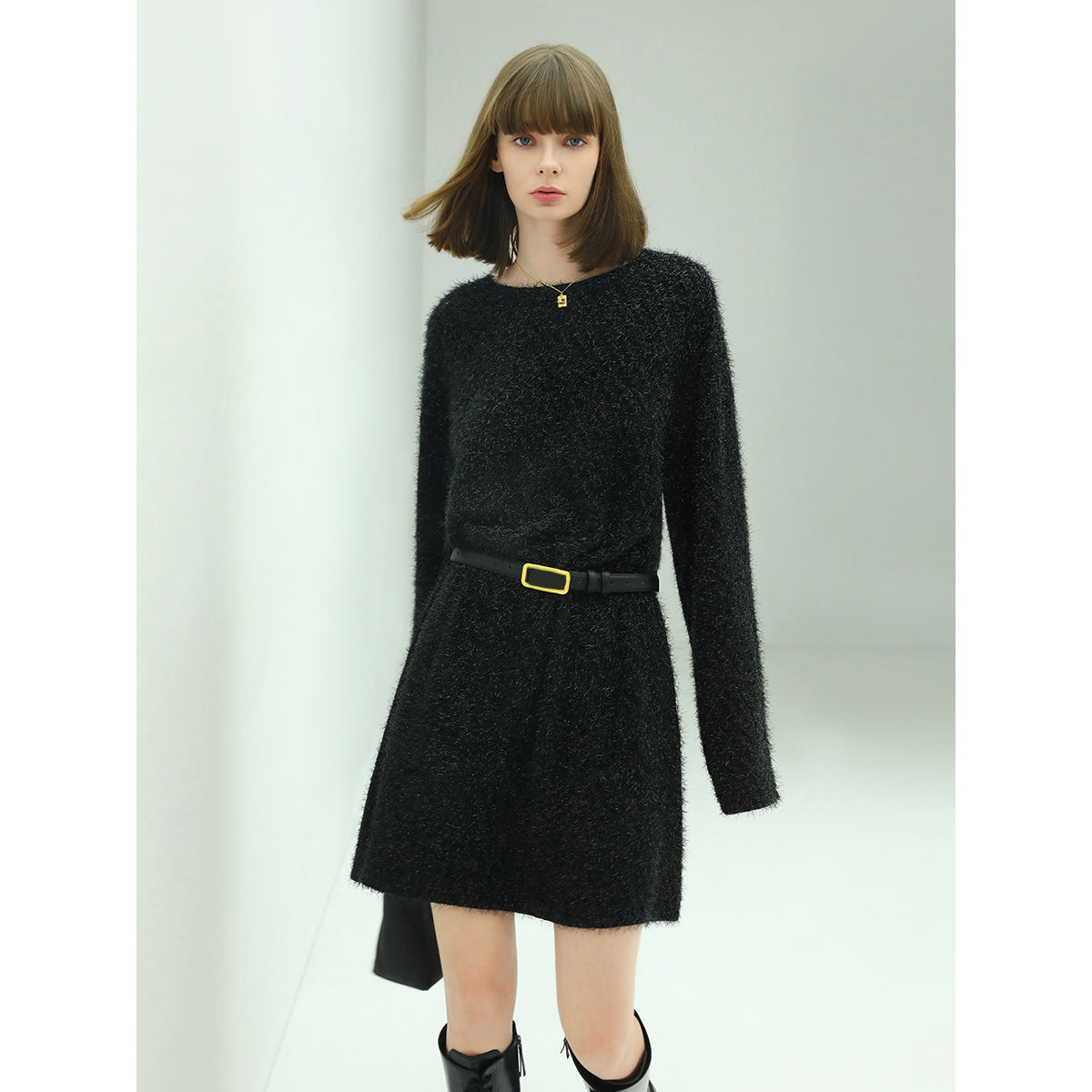 Classic Glittery Black Straight Knit Dress-0