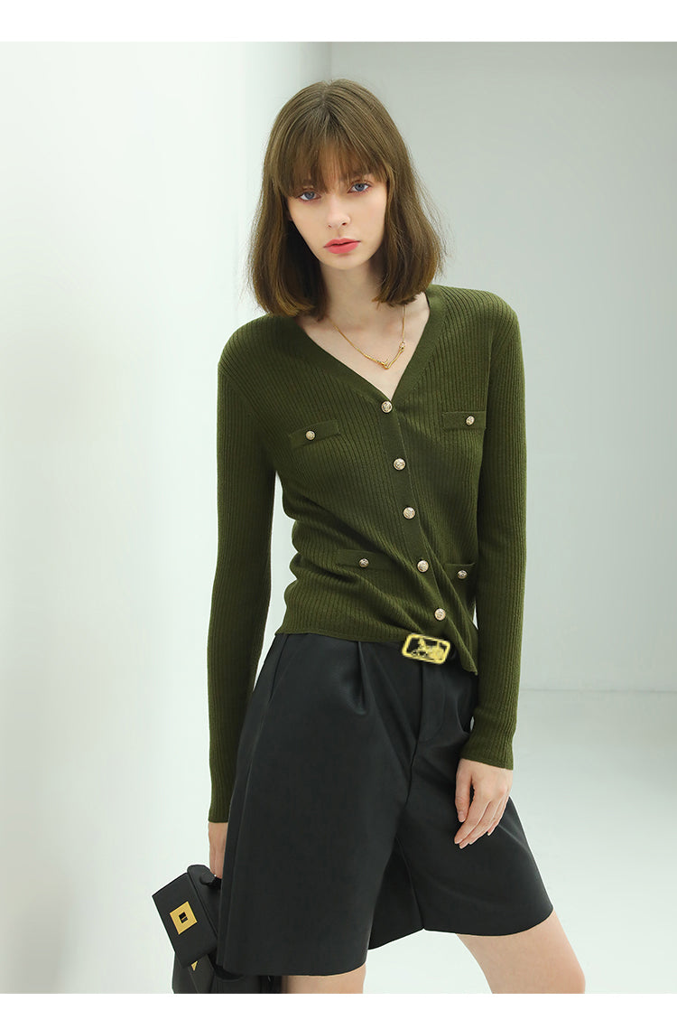 Classic V Neck Rib Green Knit Cardigan-2
