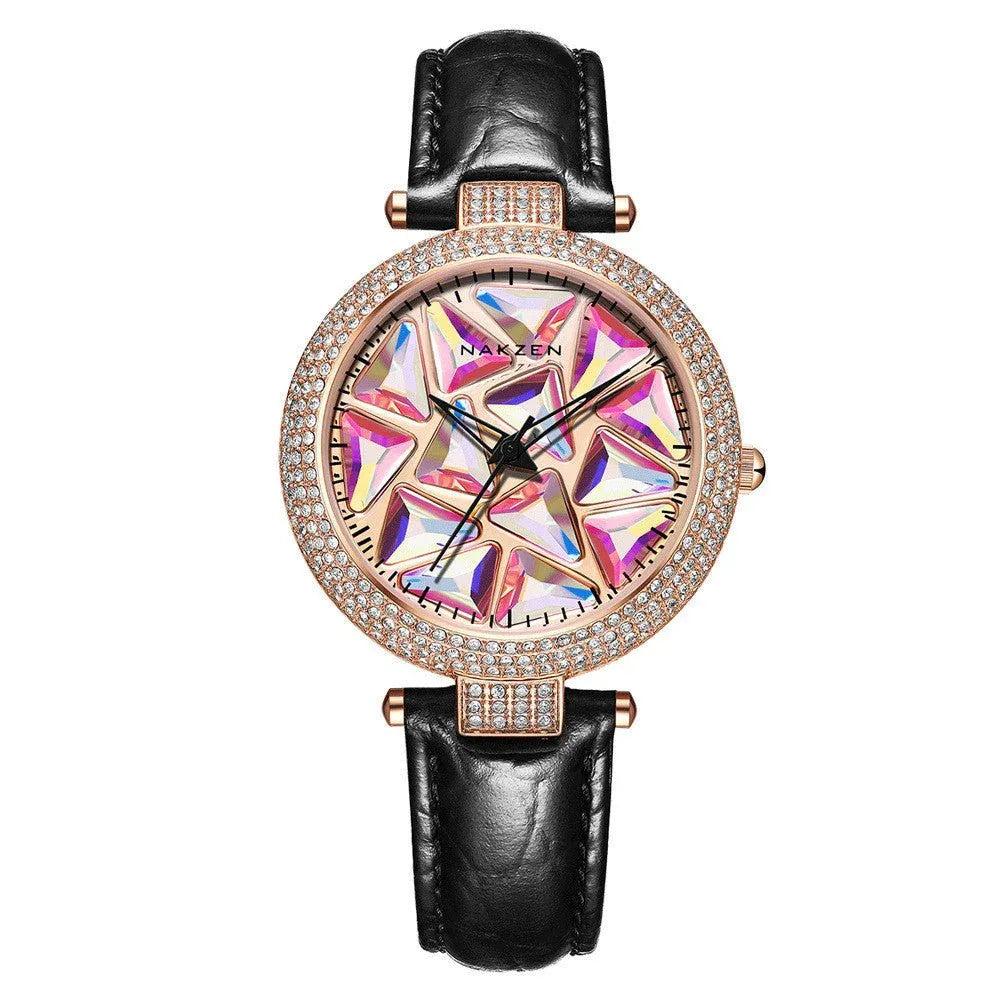 Diamond Dial Leather Strap Women's Watches