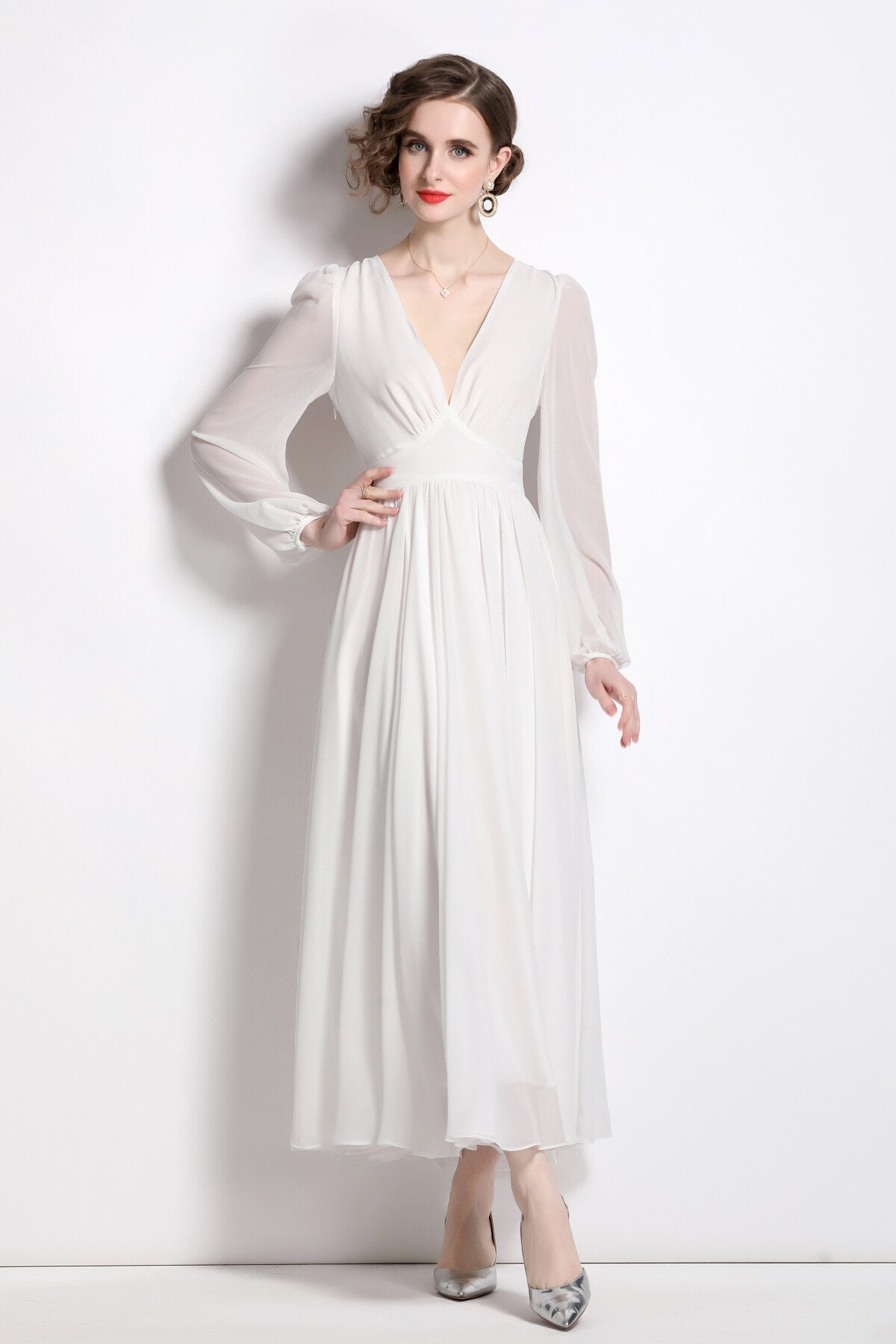 Dreamy White Long Sleeve V Neck Maxi Dress-0