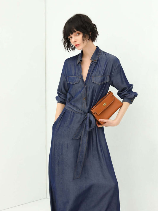 Edgy High-Waist Long-Sleeve Denim Shirt Dress in Navy-0