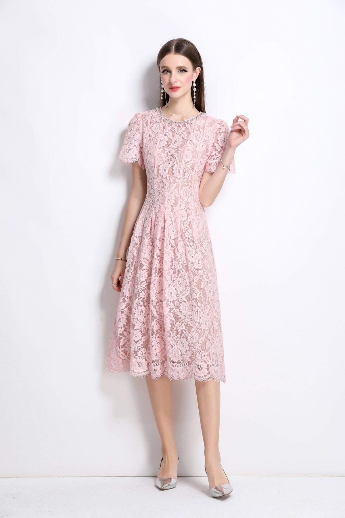 Flamingo Pink Sheer Floral Lace Dress-0