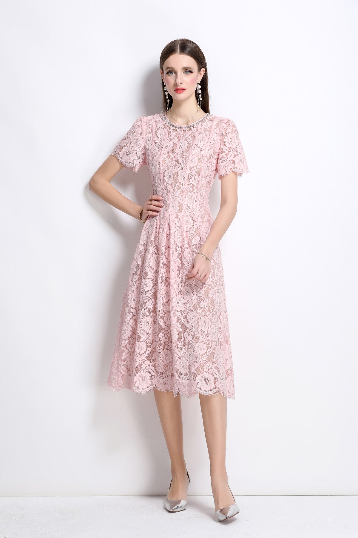 Flamingo Pink Sheer Floral Lace Dress-1