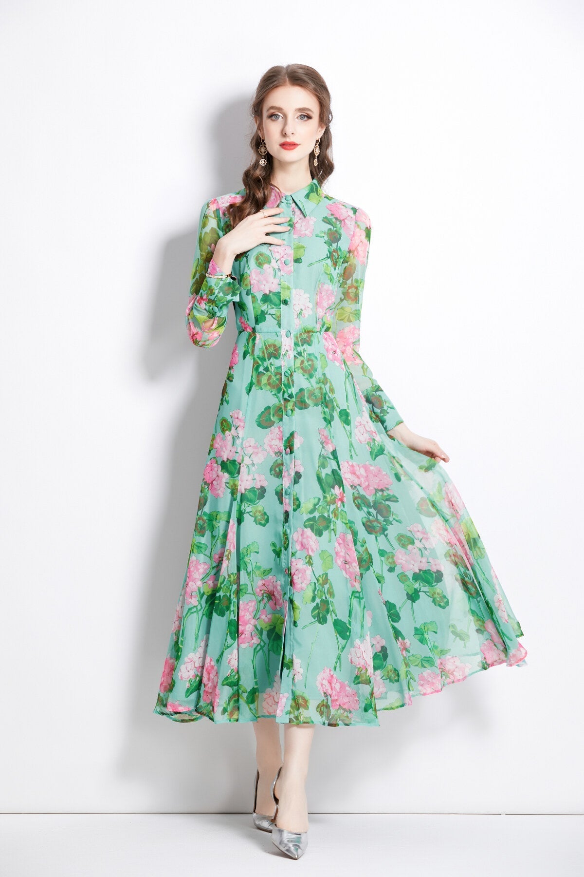 Floral Green Flared Waist Cinching LongSleeve Shirt Dress-2
