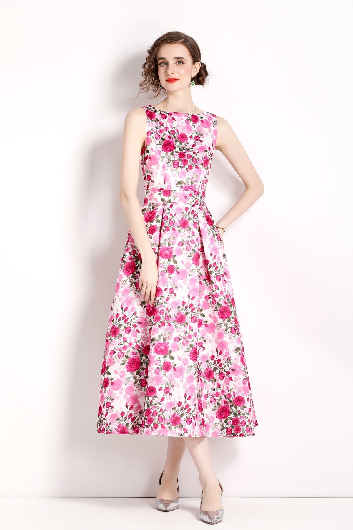 Floral Pink Sleeveless Midi Dress-1