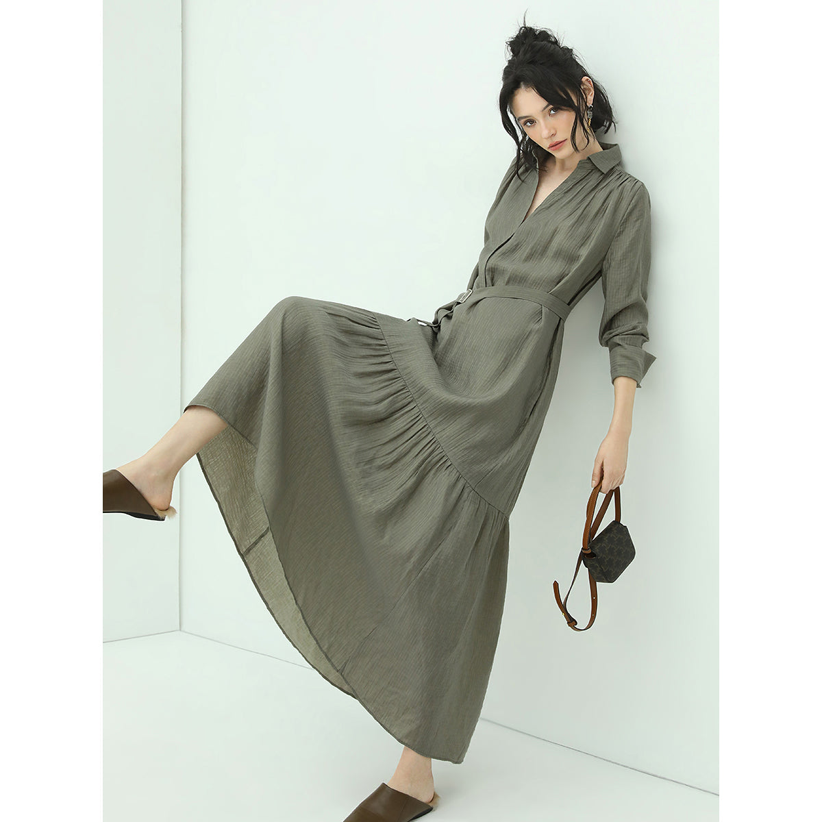 Flowy Belted Olive Shirt Dress with Pleats-1
