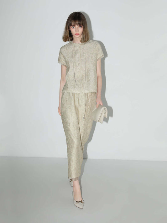 Luxe Contrast Champagne Silk Textured Satin Midi Skirt-0