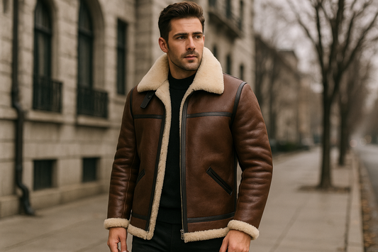 Male model wearing sheepskin coat