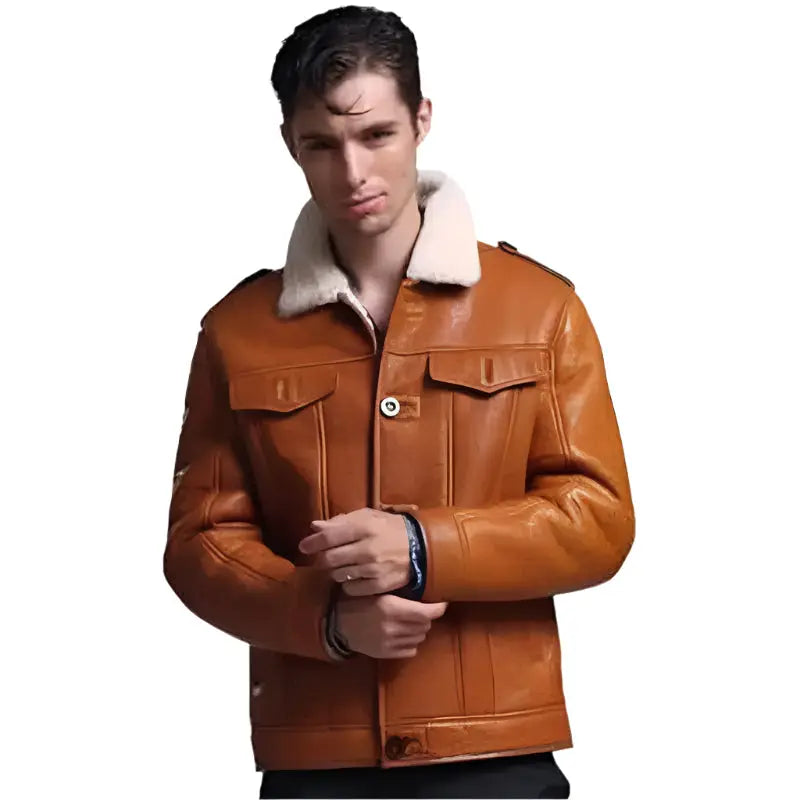 Men’s Tan Sheepskin Shearling Pilot Coat – Winter Style