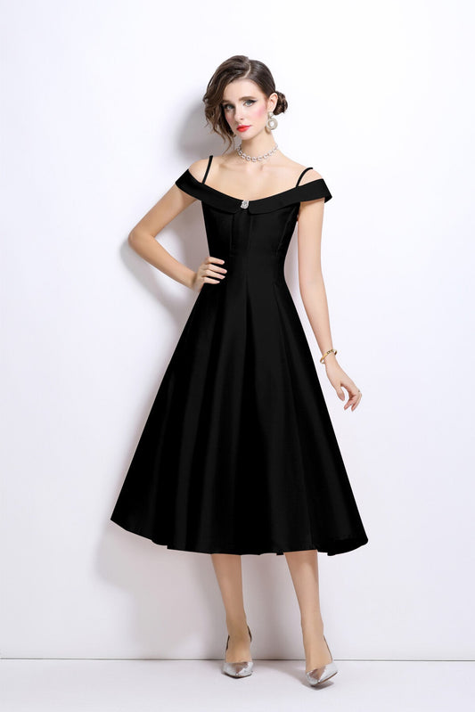 Off Shoulder Sweetheart Neckline Calf Length Dress-0