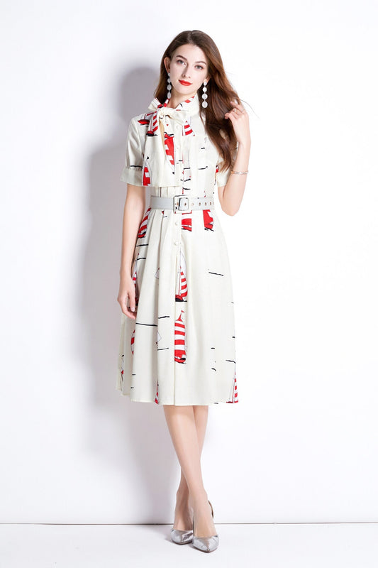 Slim Fit Flattering Sailing French White Flared Dress-0