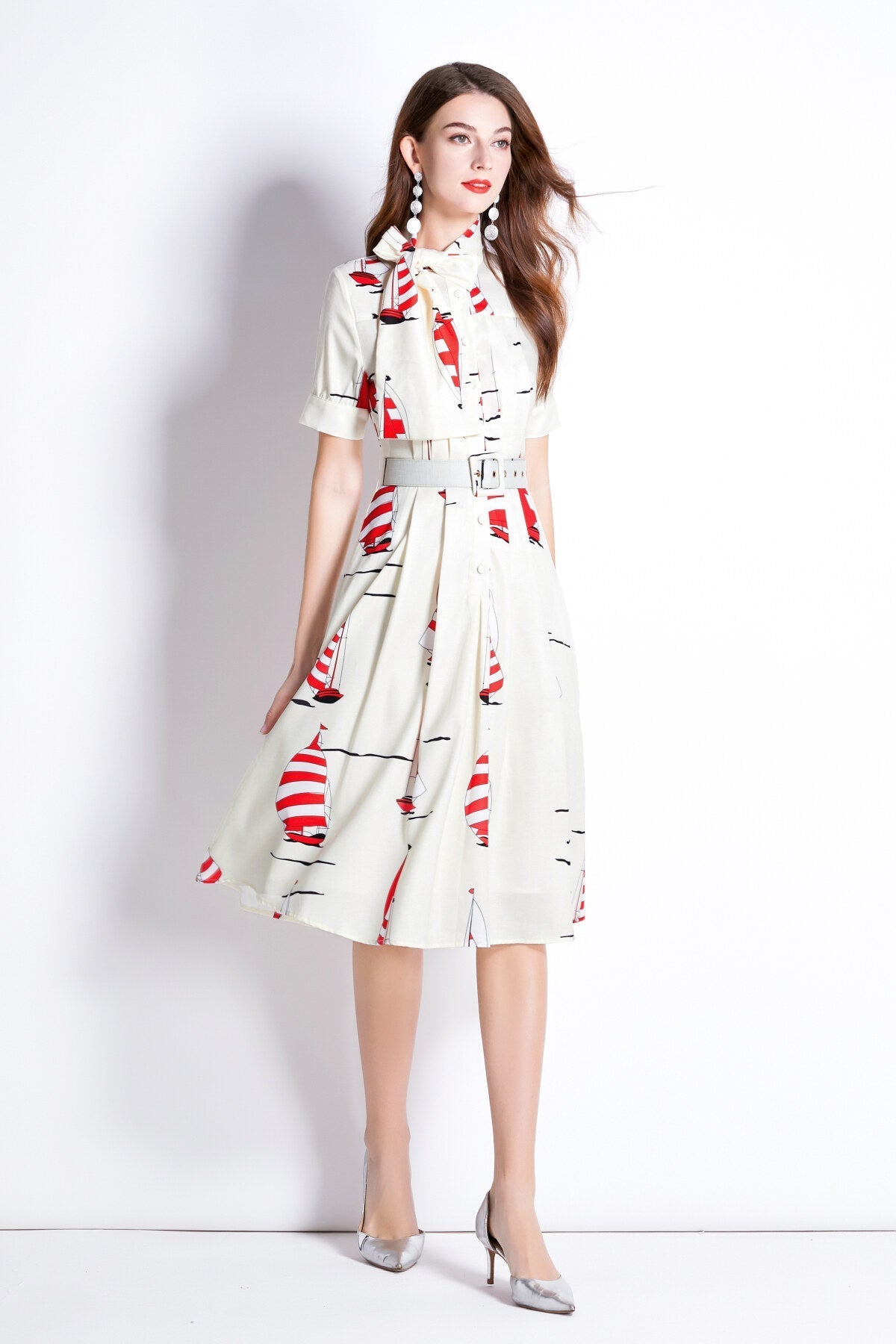 Slim Fit Flattering Sailing French White Flared Dress-1