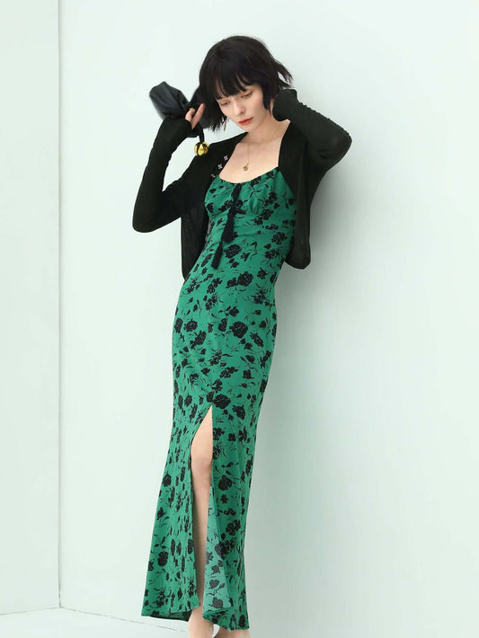 Spaghetti Strap Floral Green Maxi Dress with Side Slit-1