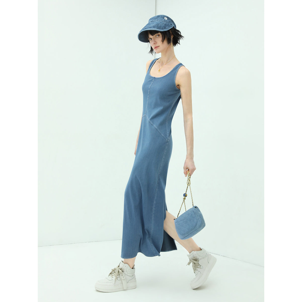 Sporty Scoop Neck Blue Denim Tank Dress-2