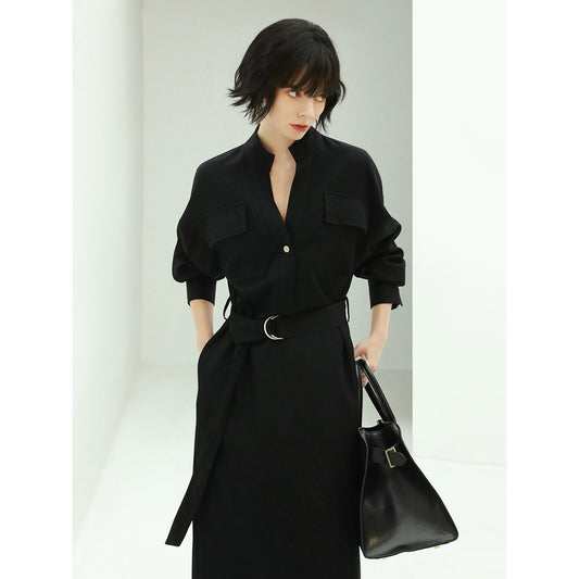 Structured Belted Black Shirt Dress-0