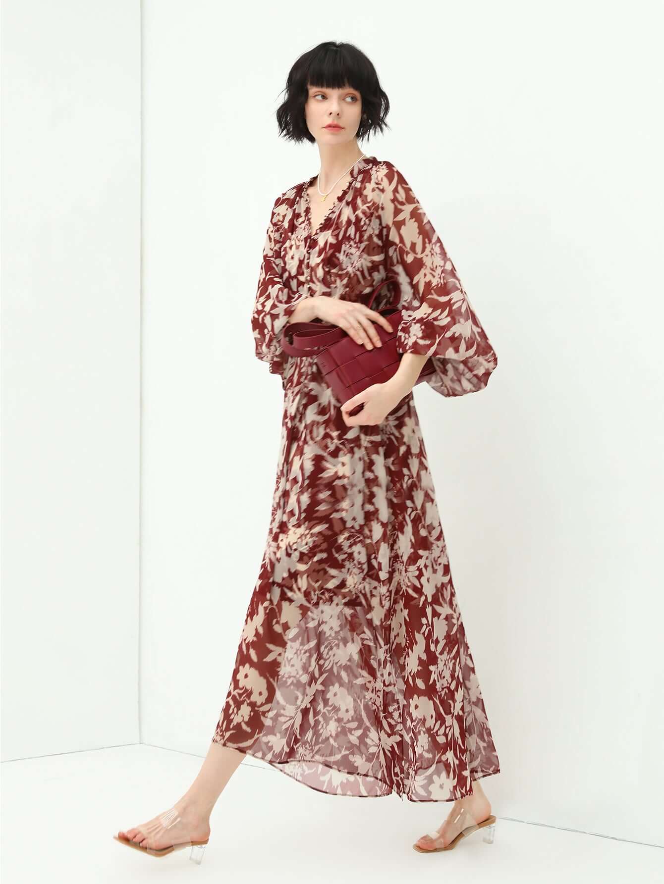 Two-Piece Chiffon Wine Floral Dress Set-1