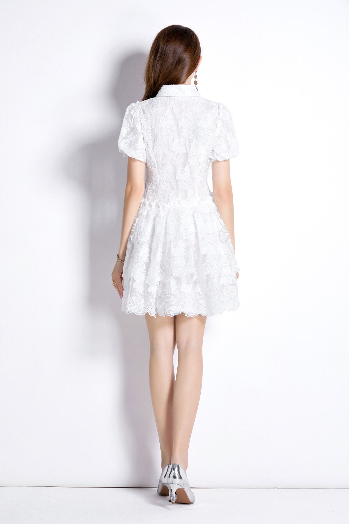 White Embroidered Puff Sleeve French Dress-3