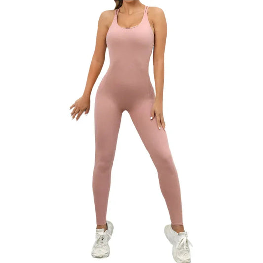 Yoga Jumpsuit With Cross-Strap Back Design Quick-Drying Tight-Fitting Running Sports Fitness Womens Gym Clothing